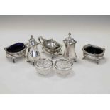 Matched five-piece silver cruet set, together with a pair of silver-mounted cut-glass salts