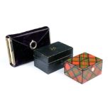 Three novelty inkwells - tartan ware, purple velvet case and other