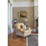Duresta armchair and footstool with Damask upholstery