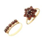 9ct gold cluster ring set garnet-coloured stones and another dress ring