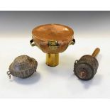 Three Eastern items, Tibetan prayer wheel, circular nut box, and pedestal vessel