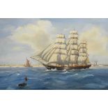 Kenneth Whiteley (modern) - Oil on canvas - Tall masted ship