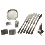 Quantity of silver items to include George VI silver pin tray, three napkin rings, etc