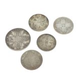 Victorian 1890 Crown, three Gothic Florins, together with an 1849 Florin (5)