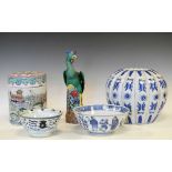 Two Chinese blue and white bowls, glazed Chinese figure of a bird, etc