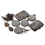 Silver pocket watch, 3 base metal, charm bracelet, 2 cigarette cases, fobs