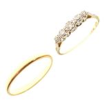 22ct gold wedding band and 18ct yellow metal ring set five white stones