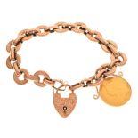 Belcher link bracelet, the heart shaped lock stamped '9ct', attached a Victorian sovereign 1898