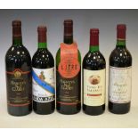 Five bottles of French and Spanish red wine