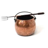 Early 19th Century treen and copper fireside log fork and copper pot
