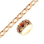 9ct gold curb link bracelet, and a 9ct gold dress ring set set three garnets