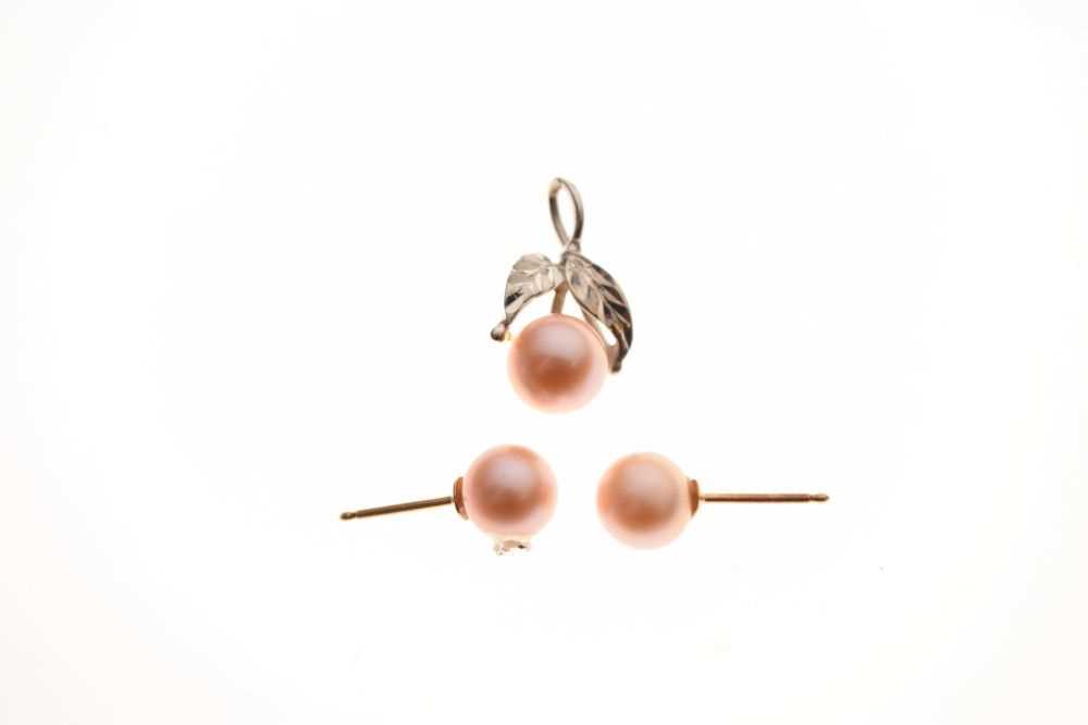 White metal and cultured pearl pendant stamped '14k', together with a similar pair of stud earrings, - Image 2 of 4