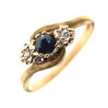 9ct gold sapphire and diamond three stone crossover ring