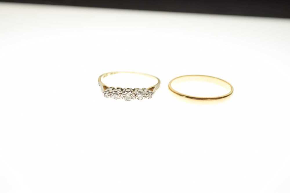 22ct gold wedding band and 18ct yellow metal ring set five white stones - Image 2 of 5