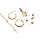 9ct gold floral brooch set freshwater pearls, a 9ct gold cross on chain, and three pairs of earrings