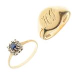 9ct gold signet ring, and 9ct gold sapphire and diamond cluster ring