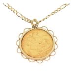 Coins - Victorian gold sovereign 1880, within yellow metal mount, on a 9ct gold Figaro chain