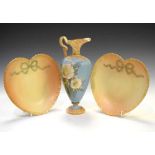 Grainger Worcester reticulated ewer and pair of Royal Worcester blush ivory heart-shaped plates