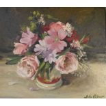John Whitlock Codner RWA (1913 - 2008) - Oil on canvas - Still life - 'Lavatera of Pink Roses