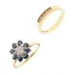 18ct gold five-stone diamond ring, and a sapphire and diamond cluster ring, stamped '18ct'