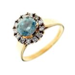 Blue zircon and diamond cluster ring