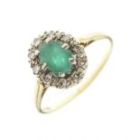 Emerald and diamond cluster ring, the shank stamped '18ct'