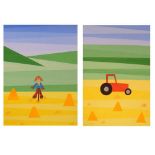 A Pillinger - acrylic on board - "Red Tractor" and "Scarecrow"