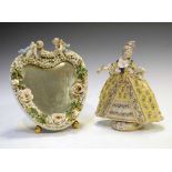 Dresden heart shaped mirror and a Continental porcelain figure of a lady