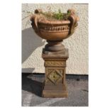 Late Victorian stoneware garden urn and pedestal