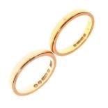 Two gold wedding bands, one 9ct gold (3g), the other 22ct gold (4.2g)
