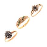 15ct gold ring and two 9ct gold sapphire and white stone dress rings