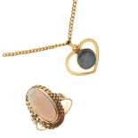 '9ct' gold opal set ring and an unmarked yellow metal heart-shaped pendant and chain