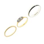 18ct yellow metal sapphire and diamond ring and two 9ct rings