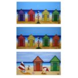 A C Pillinger (Pills) - Three acrylics on canvas- 'Beach Huts'