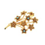18ct gold and turquoise-set floral spray brooch