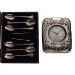 Late Victorian cased coffee set and early 20th Century silver cased desk clock