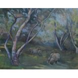 20th Century Watercolour - Woodland landscape with sheep