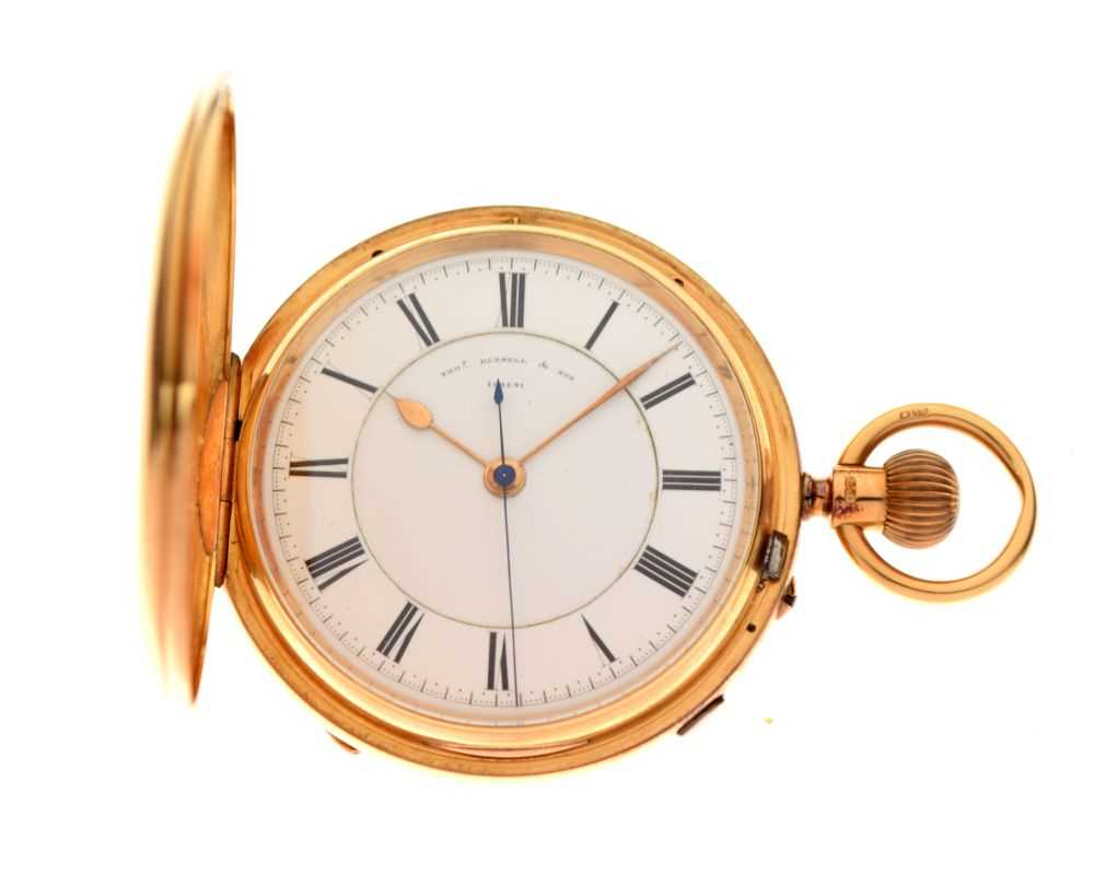 Thomas Russell & Son, an 18ct gold full hunter chronograph pocket watch, Chester 1904