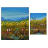 Mario Montilus (Haitian, b. 1961) - Two oils on board -Landscapes/village scenes