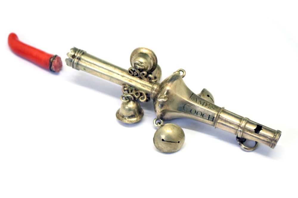 18th Century silver child's rattle and whistle with coral branch teether
