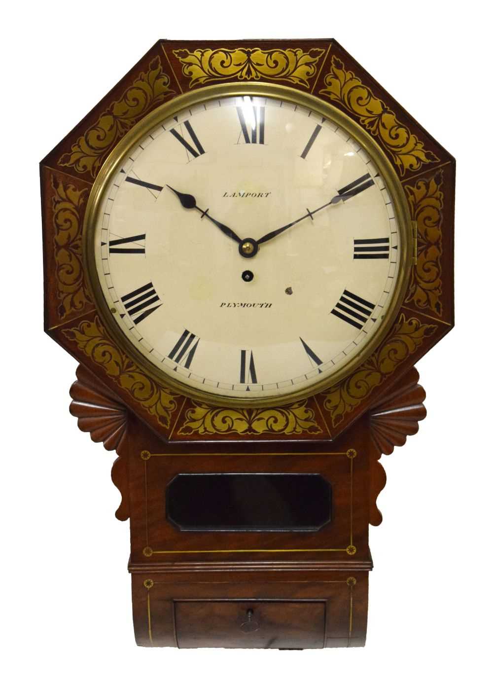 Early Victorian brass-inlaid mahogany-cased single-fusee drop-dial wall clock, Lamport, Plymouth