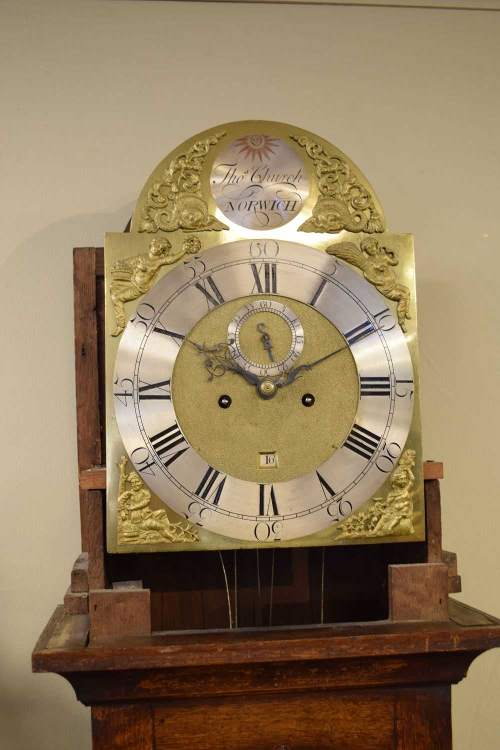 George III oak-cased 8-day brass dial longcase clock, Thomas Church of Norwich - Image 11 of 16