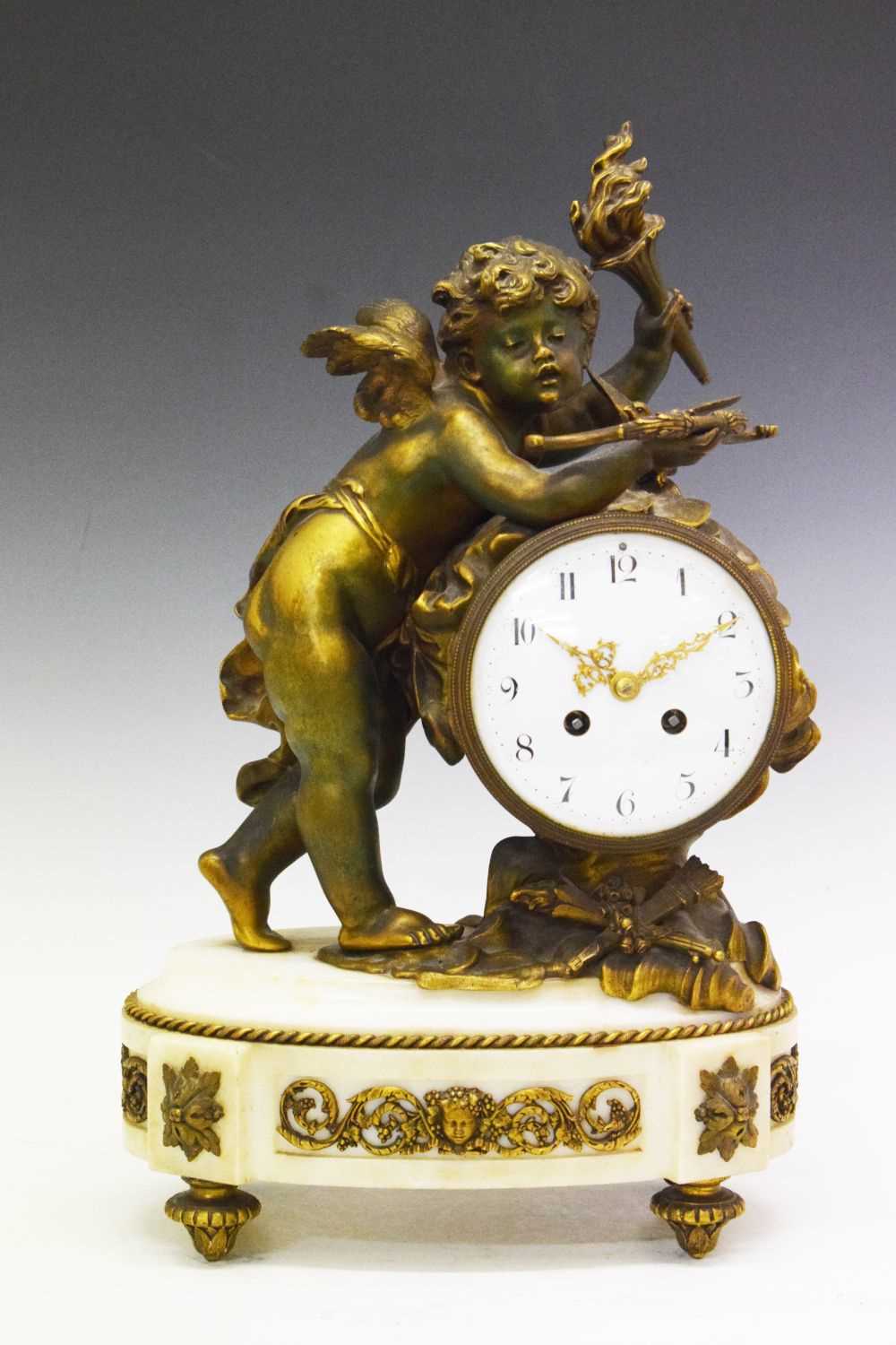 Mid 19th Century French bronze and white marble mantel clock