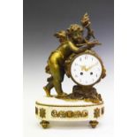 Mid 19th Century French bronze and white marble mantel clock