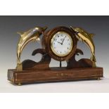 Brass-inlaid rosewood dolphin mantel clock