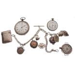 Two silver cased pocket watches, a silver cased wrist watch, etc