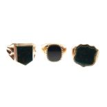 Three 9ct gold hardstone set signet rings