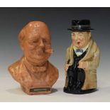 20th Century terracotta table lighter bust of Winston Churchill and character jug