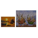 Haitian School - Two oils on canvas - Coastal scenes with fishing boats