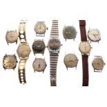 Three vintage wristwatches, and nine watch heads
